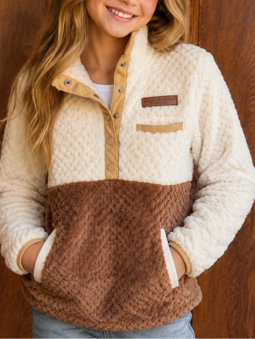 Simply Southern Cream and Brown Sherpa Super Soft Pullover Jacket